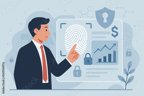 Businessman using fingerprint identification to access financial data. Biometric security, E-KYC, and digital authentication concept for cybersecurity, online banking, and data privacy.