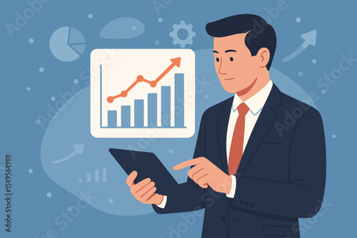 Businessman using a tablet to analyze sales data and an economic growth graph chart. Concept for business strategy, finance, stock market report, investment, and success. Modern flat vector.