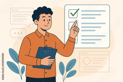 Man completing checklist for task management. Online survey form, quiz test, and feedback concept. Business project planning, to-do list organization, and goal achievement. Vector.