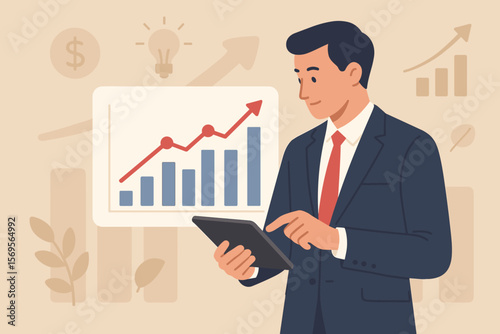 Businessman using tablet analyzing sales data and economic growth graph chart. Manager working on business strategy and finance report. Stock market investment and success concept.