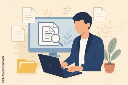 DMS, Document Management System concept. Office worker uses laptop to search and manage document database. Corporate file archiving, data storage, and information retrieval for business.
