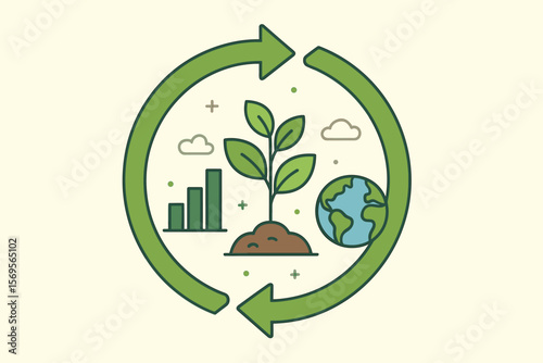 Circular economy concept for sustainable future growth. Vector icon of endless cycle with planet earth, plant sprout and business graph. ESG, green energy and environmental protection.
