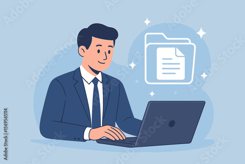 Document management system concept. Businessman at laptop with virtual file icon. Digital data storage, online documentation database, cloud computing, paperless office, archiving.