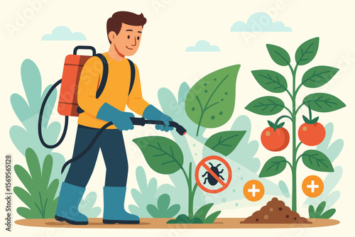 Pest control and plant nutrition concept. Farmer sprays fertilizer and pesticide on tomato crops. Gardener protecting vegetables from insects. Agriculture and farming vector art.