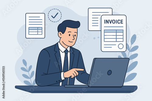 E-invoice and online digital statements concept. Businessman or accountant working with electronic invoice and billing software on a laptop. Financial management system for business.