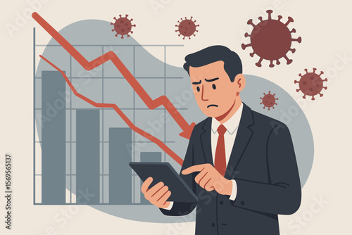 Economic crisis due to coronavirus. Businessman analyzing falling stock market chart. Financial recession, investment failure, business problem, bankruptcy, economy collapse concept.