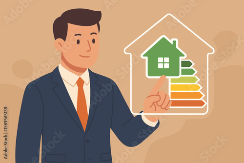 Energy efficiency concept with a businessman pointing at a virtual screen. House energy performance rating label. Green building certification audit and eco-friendly home technology.