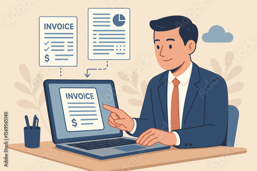 E-invoice and online digital statements concept. Businessman working with electronic bill and digital invoice management system on computer for online payment, budget and finance.