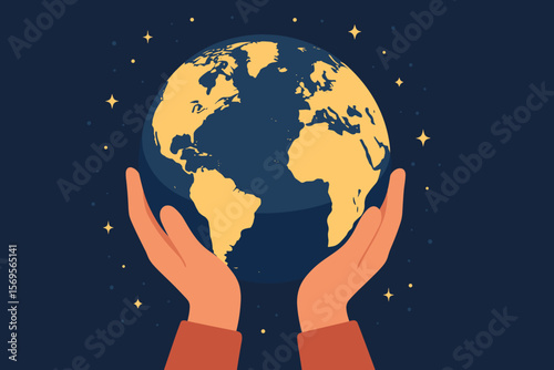 Human hands holding planet Earth at night with stars, global environmental protection, save the world, peace, ecology, care, charity, international support.