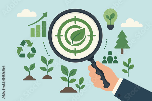 Environment target for green business concept. Magnifying glass focus on green target icon for social business strategy, development. ESG, CSR, and sustainable goals vector.