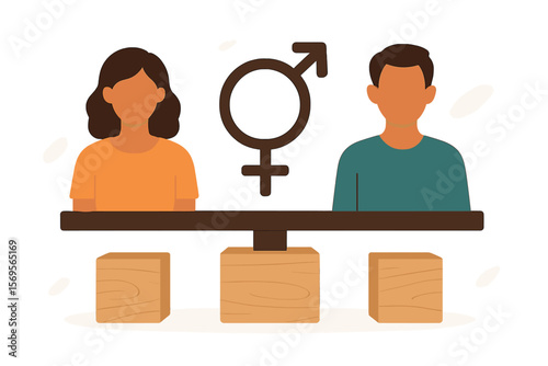 Gender equality concept illustration. Man and woman on a balanced scale as a metaphor for equal rights, social balance, partnership, and relationship harmony. Flat vector design.