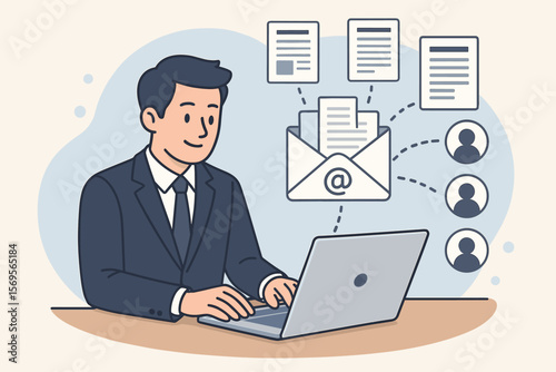 Email marketing and newsletter campaign concept vector illustration. Businessman at laptop sends bulk mail messages and documents to a client database. Direct digital advertising.