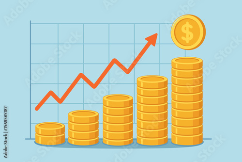 Financial growth concept with coin stacks and upward graph arrow. Business investment profit and success. Economy increase, money savings. Vector illustration of market report.