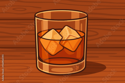 Glass of whiskey with ice on a wooden background. Modern flat vector cartoon illustration. Alcoholic drink, bourbon, scotch, spirit, bar menu, pub, party, celebration concept.