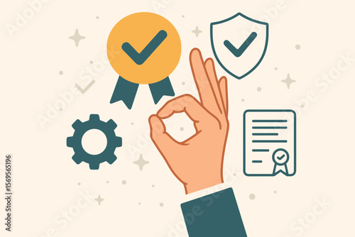 Quality assurance concept. Hand shows OK sign for top service and best product guarantee. ISO certification and standardization with medal, shield, and certificate icons. Vector.