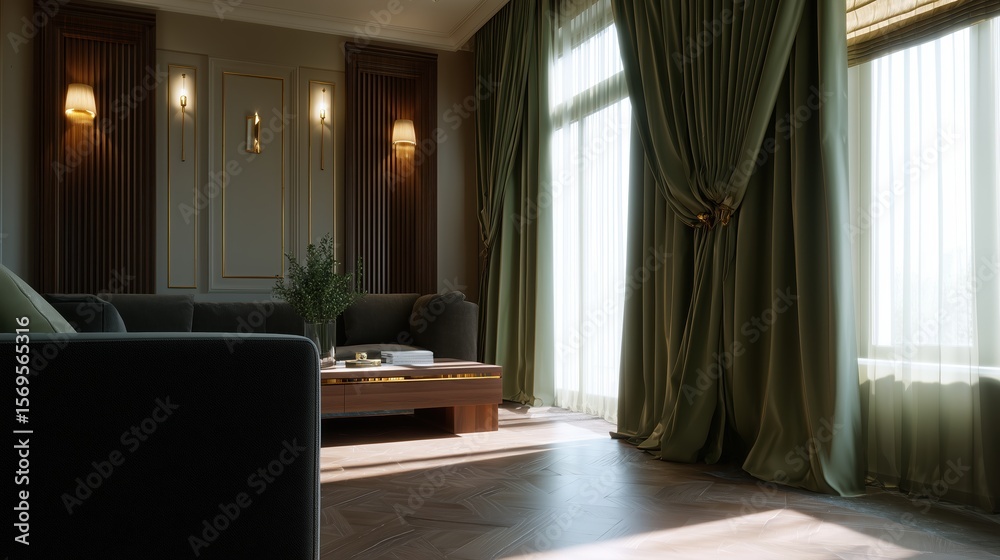 Fototapeta premium Modern living room interior design with dark green curtains, wooden floors, and a comfortable sofa. Sunlight streams through the windows, creating a warm and inviting atmosphere.