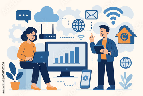 Information communication technology and IoT internet of things concept. Business people team working with cloud computing, data analysis on computer. Smart home tech innovation.
