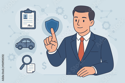 Car insurance concept. Businessman agent showing protection shield. Auto vehicle security and safety. Financial agreement, policy analysis. Asset protection and contract management.