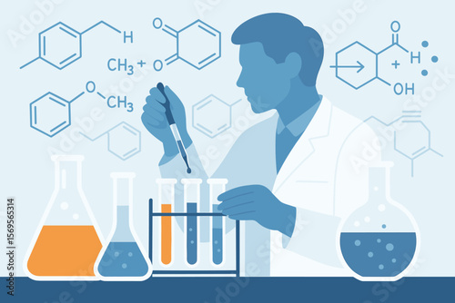 Scientist in laboratory conducting chemistry research with glassware. Man in lab coat with test tubes and pipette. Concept for medical analysis, pharmaceutical discovery, science.