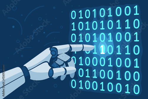 Machine learning, AI, and deep learning concept. Robotic hand touching digital binary code. Futuristic technology, data processing, and algorithm analysis vector illustration.
