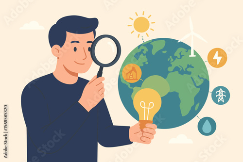 Man with magnifying glass analyzes global energy sources. Planet Earth with icons of solar, wind, water, fossil fuels. World consumption, ecology, sustainability research concept.