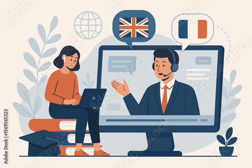Language course and e-learning. Online education concept. Student watching webinar with teacher. Virtual classroom, distance learning. Learn English and French. Flat vector illustration.