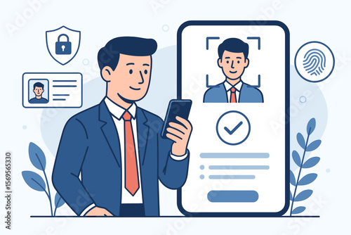 Know your customer KYC concept. Businessman using identity verification on smartphone. Financial technology for security. Biometric access control and personal data protection vector.