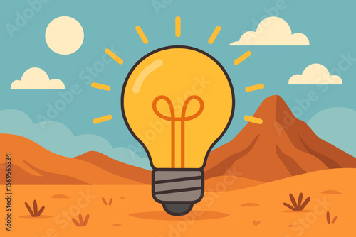 Light bulb glowing in a desert landscape. Metaphor for idea, innovation, creativity, inspiration, and energy. Thinking, solution, and discovery concept. Modern flat cartoon vector.