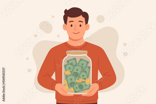 Man holding a money jar for donation and charity. Concept of fundraising, financial contribution, savings, and support. Vector illustration for giving, help, and volunteering.