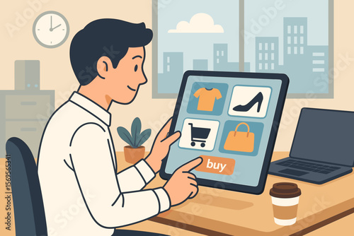 Man shopping online at office workplace. Businessman using tablet for e-commerce. Modern lifestyle, internet store concept. Character buying clothes on web. Flat vector cartoon.