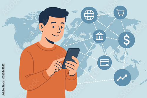 Man using smartphone for online banking, mobile payment, and global business. Fintech concept. Digital technology connecting financial transactions, e-commerce, and data exchange.