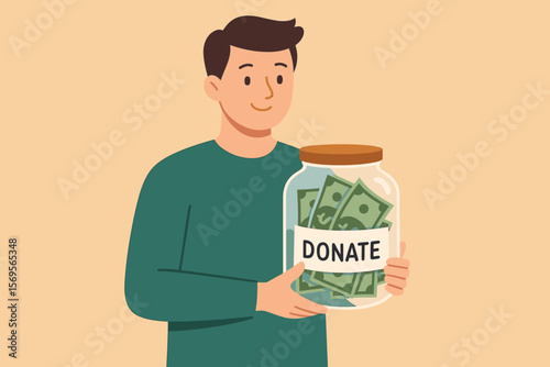 Man holding a money jar for donations. Concept of charity, fundraising, and giving support. Financial aid, savings for a cause, and social contribution. Vector illustration.