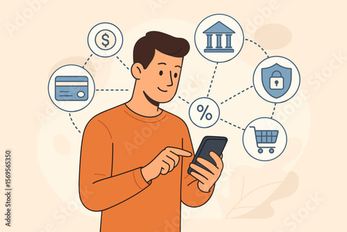 Man using mobile online banking and payment. Finance, banking networking, digital marketing concept. Online shopping and customer icon process. Secure financial technology vector.
