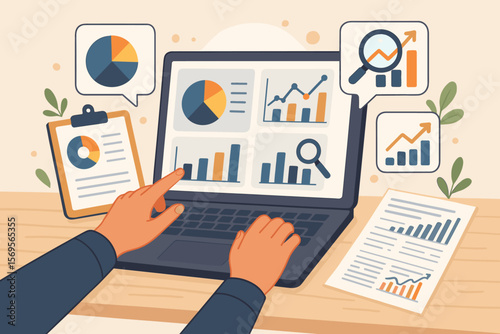 Business data analysis concept. Person at laptop doing market research, SEO, and advertising strategy. Financial report with charts and graphs. Big data analytics and statistics.