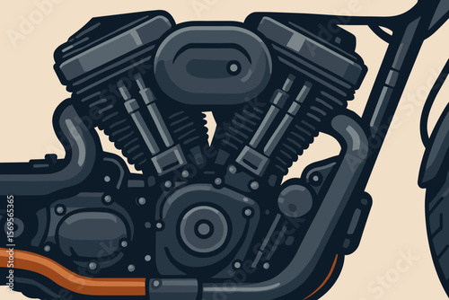 Motorcycle engine closeup vector illustration. Classic V-twin motor from a chopper or custom bike. Detailed mechanical power concept in a modern flat cartoon graphic style.