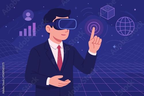 Metaverse technology concept. Businessman wearing VR virtual reality glasses, experiencing the digital world. Man in suit interacting with data visualization for business future.