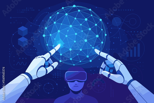 Metaverse technology concept. User with VR headset and robot hands interacts with a global data network. Virtual reality, AI, blockchain, and AR simulation for business innovation.