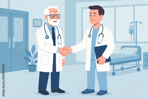 Medical doctors shaking hands. Senior physician and young practitioner agreement. Partnership and teamwork in hospital clinic. Healthcare collaboration. Mentorship concept. Vector.