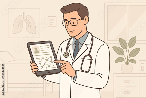 Doctor using a tablet for medical examination and analyzing a patient's report. Digital health record, e-health and telemedicine concept. Healthcare technology vector illustration.