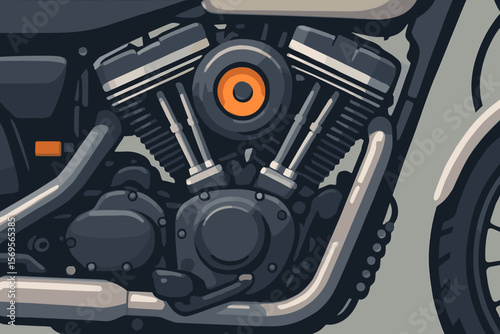 Classic motorcycle v-twin engine closeup. Custom chopper motorbike detail. Vector illustration of a powerful motor. Concept of speed, freedom, transport and biker culture.