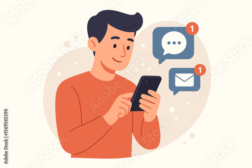 New notification concept. Man using smartphone with incoming message and email reminders. Social media alerts and chat bubble icons. Modern flat vector cartoon illustration.
