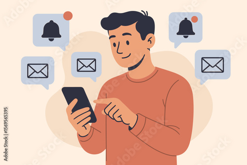 Man using smartphone with new message notifications. Incoming email, chat, and reminder alert icons. Social media communication concept. Modern flat vector cartoon illustration.