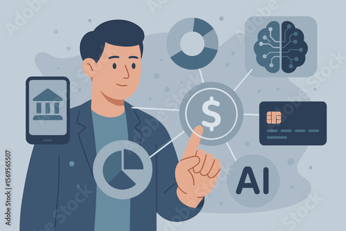 Businessman managing finances using AI and FinTech concepts on a digital interface. Online banking, data analysis, investment payment icons. Financial technology vector illustration.