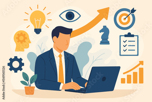 Personal growth vector concept. Businessman works on laptop for career development. Illustration with icons for creativity, vision, motivation, planning, goals, and strategy.