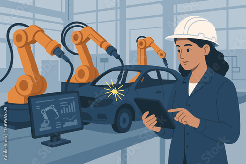 Woman engineer controlling robotic arms in a smart factory. Automotive industry, car manufacturing automation. Industry 4.0 concept with welding robots and monitoring software.