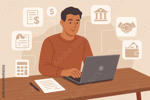Personal loan and financial concept. Man using laptop for online banking, filling out credit application form. Financial loan agreement. Digital money management and fintech vector.