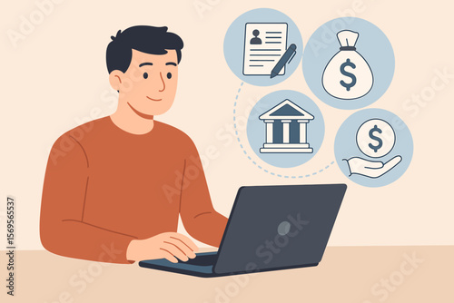 Personal loan and financial concept. Man using laptop to apply for online credit or mortgage. Financial loan agreement with bank. Money icons. Flat vector cartoon illustration.