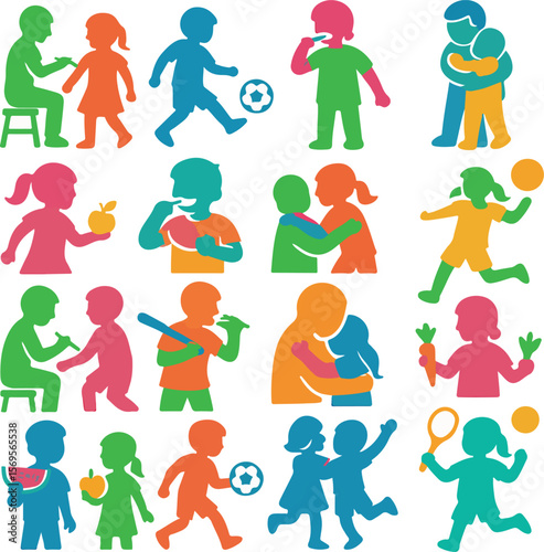 Colourful Kids Activity Silhouette Icon Set

