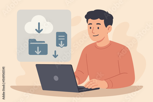 Man with laptop downloading files. Cloud computing technology concept. Data storage and information transfer. Online service for documents backup. Virtual screen. Flat vector character.