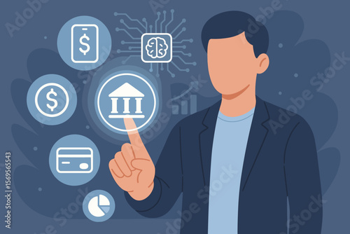 Businessman interacting with a futuristic fintech interface for digital banking and financial management. Concept of AI in finance, online investment, and mobile payment technology.